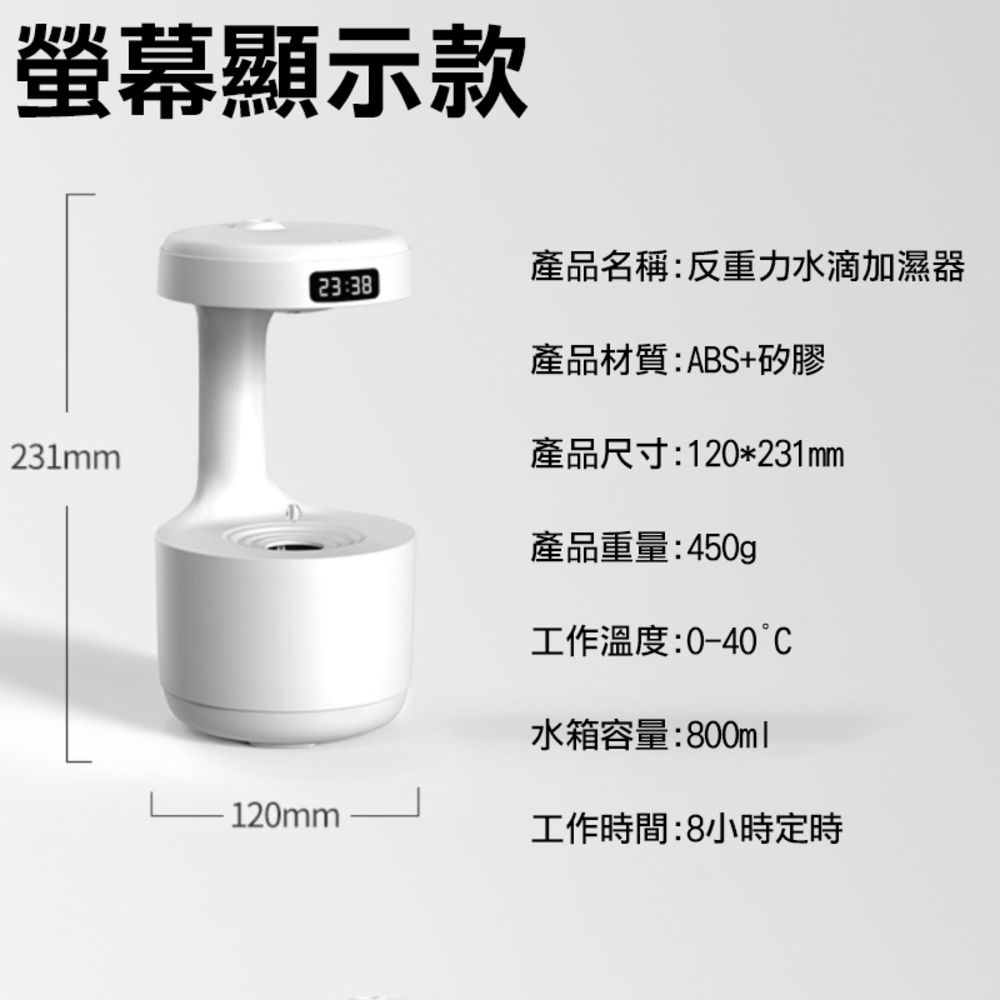 螢幕顯示款231mm23:38產品名稱:反重力水滴加濕器產品材質:ABS+矽膠產品尺寸:120*231mm產品重量:450g工作溫度:0-40水箱容量:800ml-120mm工作時間:8小時定時