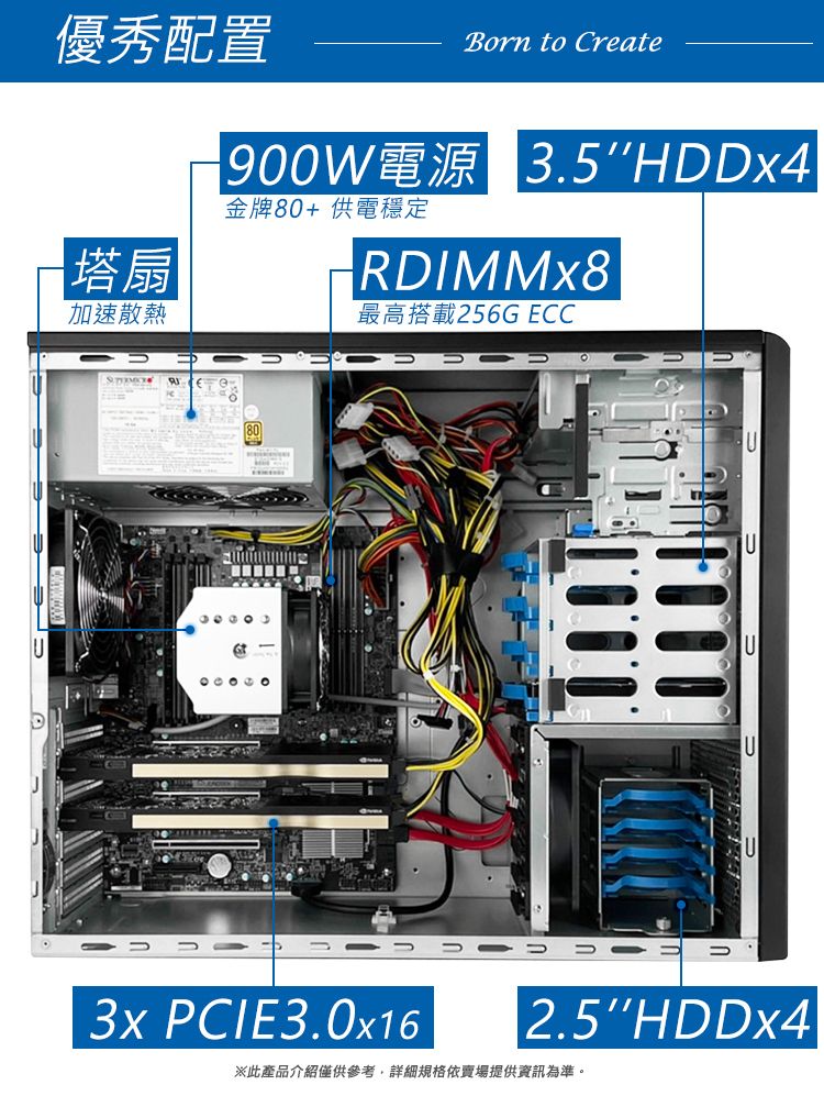 優秀配置Born to Create塔扇加速散熱900W電源 3.5HDDx4金牌80+供電穩定RDIMMx8最高搭載256G ECCU PCIE3.0x162.5HDDx4※此產品介紹僅供參考,詳細規格依賣場提供資訊為準。