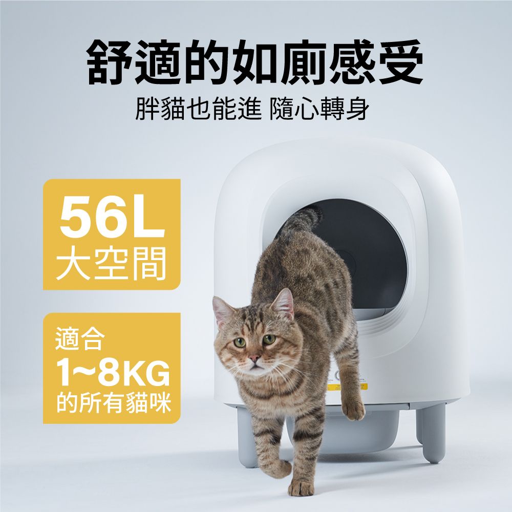 舒適的如廁感受胖貓也能進 隨心轉身56L大空間適合1~8KG的所有貓咪