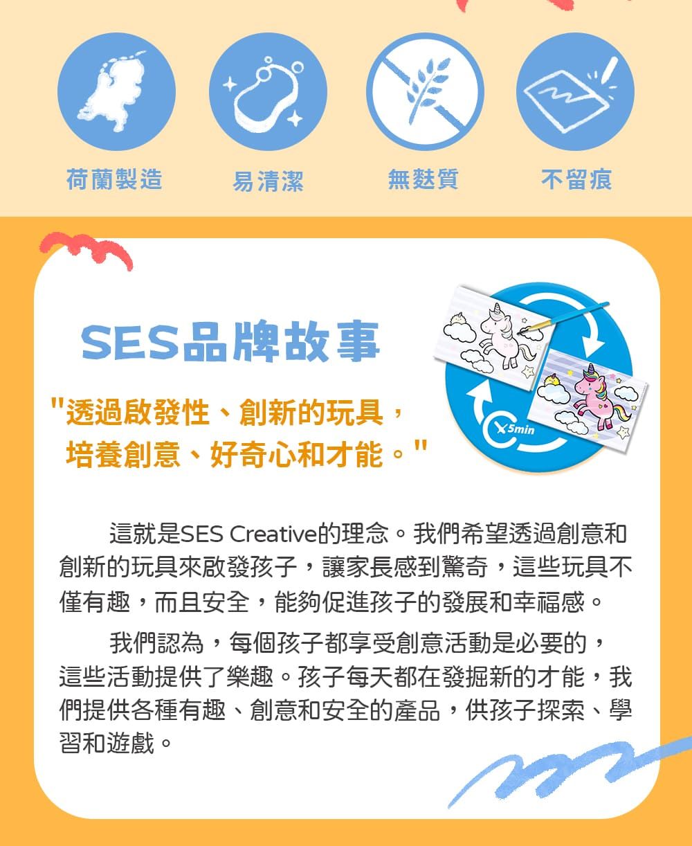荷蘭製造易清潔無麩質不留痕SES品牌故事透過啟發性、創新的玩具,培養創意、好奇心和才能X5min"這就是SES Creative的理念。我們希望透過創意和創新的玩具來啟發孩子,讓家長感到驚奇,這些玩具不僅有趣,而且安全,能夠促進孩子的發展和幸福感。我們認為,每個孩子都享受創意活動是必要的,這些活動提供了樂趣。孩子每天都在發掘新的才能,我們提供各種有趣、創意和安全的產品,供孩子探索、學習和遊戲。