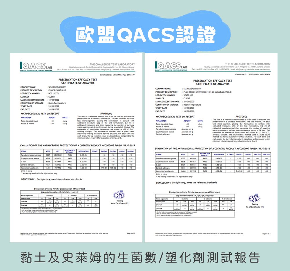 歐盟QS認證 LA HALLENGE TEST LABORATORY  &       LAB   PRESERVATION  TESTCERTIFICATE  ANALYSIS     NOT COMPANY PRODUCT   SAMPLE RECEPTION  OF STORAGE  18/22        26/09/2022MICROBIOLOGICAL TEST ON RECEIPTPROTOCOL         be                    20         nd       t    a     The     sred at C  The    a   by        and        and compd        A  BEVALUATION OF THE  PROTECTION OF A COSMETIC PRODUCT ACCORDING TO  1192019COMPANY NAMEPRODUCT  SAMPLE RECEPTION CONDITION OF STORAGESTART  THE CHALLENGE TEST LABORATORY  &         30    2     /2001 PRESERVATION  TESTCERTIFICATE OF ANALYSIS    PLAY  WHITE       Temature11/02/2020 16/03/2020MICROBIOLOGICAL TEST ON RECEIPTREPORTUNITS   per PROTOCOL  a reference  that   be  to  thepreservation  a   The    eachtest   the   contact   0  the      ) and   the  of  of   are  at   The     method by      each  and  EVALUATION OF THE ANTIMICROBIAL PROTECTION OF A COSMETIC PRODUCT ACCORDING TO  119302012EFFICACY   THE    10-   10231 C 10 LOT   EFFICACY   2 10PASS  16404 PASSPASS CONCLUSION , meet the relevant A-  for the preservation  test   of     for  CONCLUSION , meet the relevant A- criteria for the preservation efficacy test reduction  A of  黏土及史萊姆的生菌數/塑化劑測試報告