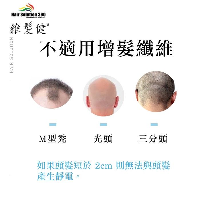 SOLUTIONHair Solution 360 HAIR 維髮健不適用增髮纖維M型光頭三分頭如果頭髮短於2cm 則無法與頭髮產生靜電。