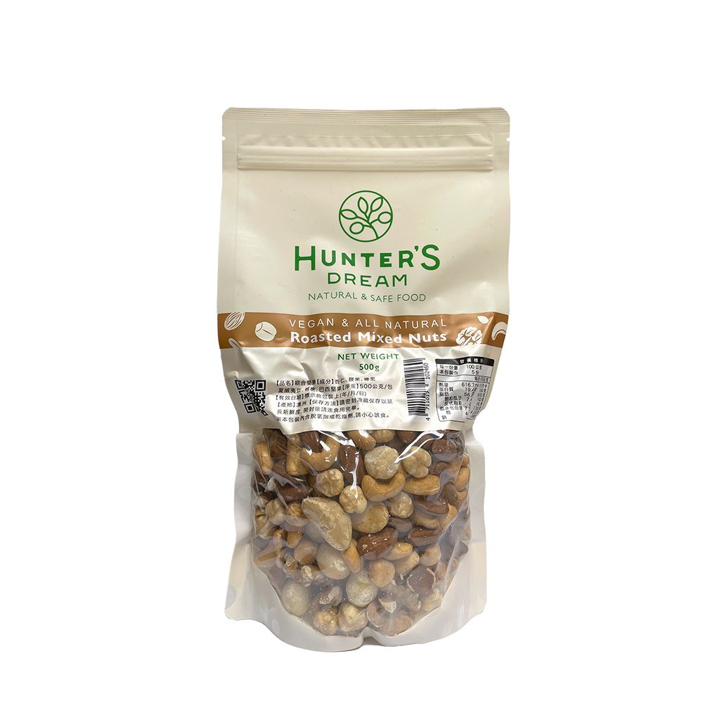 HUNTER'SDREAMNATURAL & SAFE VEGAN & ALL NATURALRoasted Mixed NutsNET WEIGHT00g夏威夷5保存以延 度開封後食用本包装内含請小心食。本616