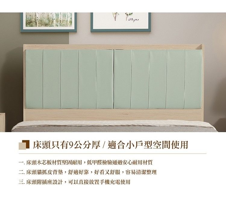 床頭只有9公分厚/適合小戶型空間使用一.床頭耐用,低甲醛檢驗通過安心耐用材質二.床頭貓抓皮背墊,舒適好靠,好看又舒服,容易清潔整理三.床頭附插座設計,可以直接放置手機充電使用