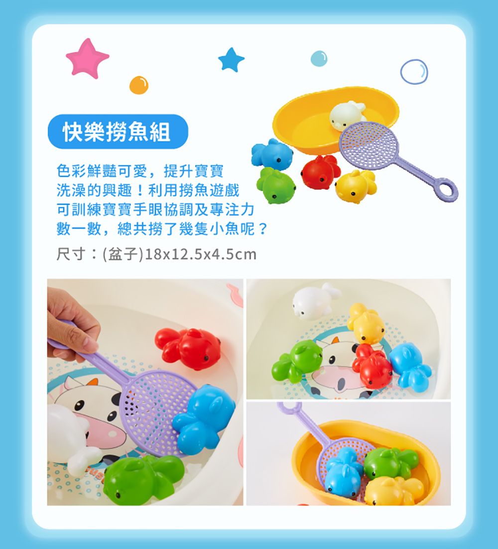 快樂撈魚組色彩鮮豔可愛,提升寶寶洗澡的興趣!利用撈魚遊戲可訓練寶寶手眼協調及專注力數一數,總共撈了幾隻小魚呢?尺寸:(盆子)18x12.5x4.5cm