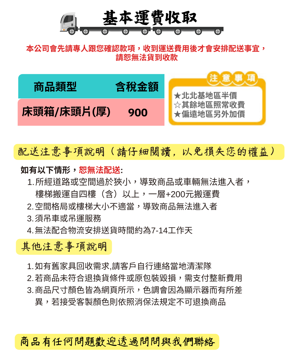 基本運費收取本公司會先請專人跟您確認款項收到運送費用後才會安排配送事宜,請恕無法貨到收款注意事項商品類型含稅金額★北北基地區半價☆其餘地區照常收費床頭箱/床頭片(厚) 900★偏遠地區另外加價配送注意事項說明(請仔細閱讀,以免損失您的權益)如有以下情形,恕無法配送:1.所經道路或空間過於狹小,導致商品或車輛無法進入者,樓梯搬運自四樓(含)以上,一層+200元搬運費2. 空間格局或樓梯大小不適當,導致商品無法進入者3.須吊車或吊運服務4. 無法配合物流安排送貨時間約為7-14工作天其他注意事項說明1.如有舊家具回收需求,請客戶自行連絡當地清潔隊2.若商品未符合退換貨條件或原包裝毀損,需支付整新費用3. 商品尺寸顏色皆為網頁所示,色調會因為顯示器而有所差異,若接受客製顏色則依照消保法規定不可退換商品商品有任何問題歡迎透過問問與我們聯絡