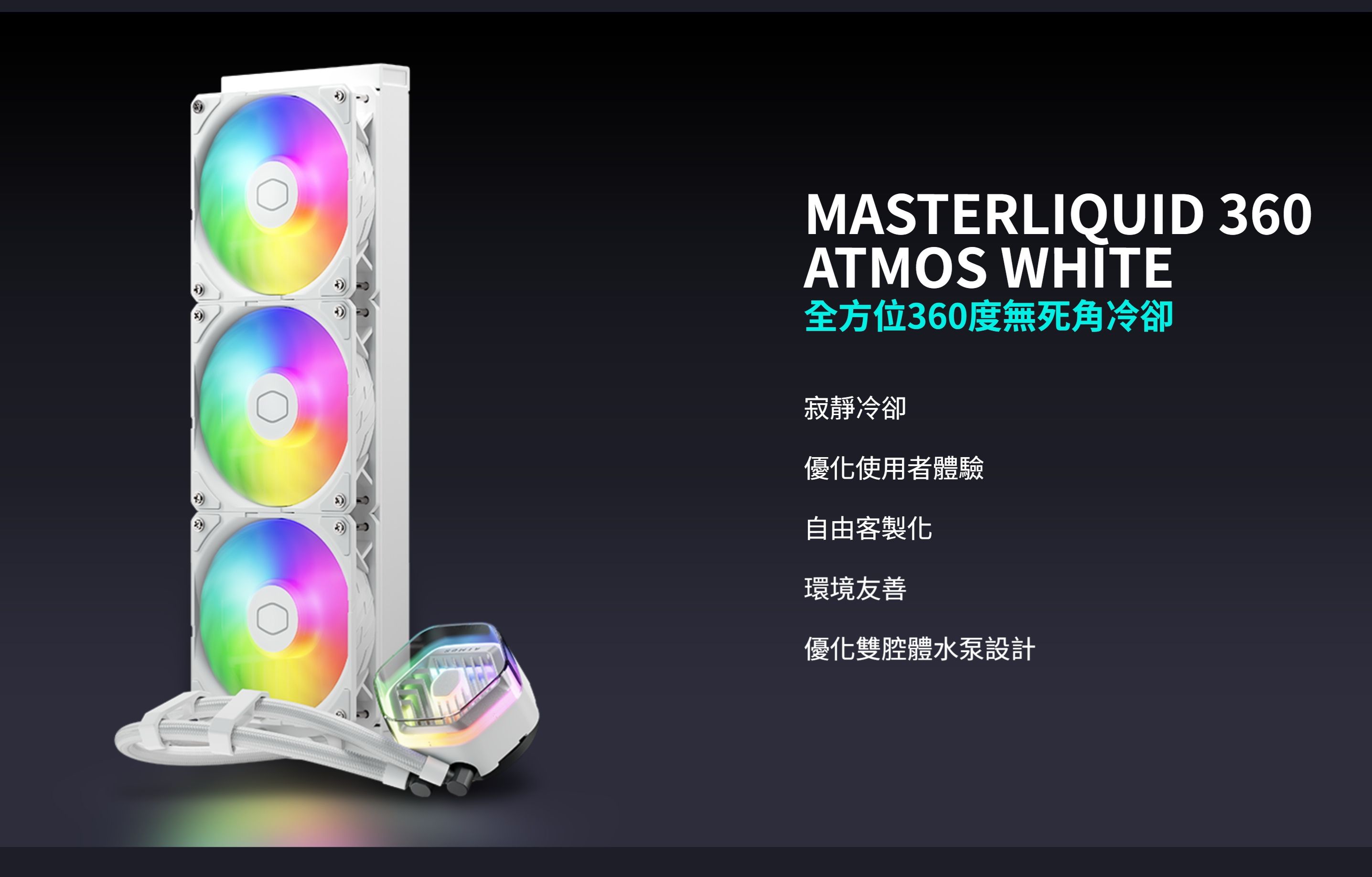 MASTERLIQUID 360ATMOS WHITE全方位360度無死角冷卻寂靜冷卻優化使用者體驗自由客製化環境友善優化雙腔體水泵設計