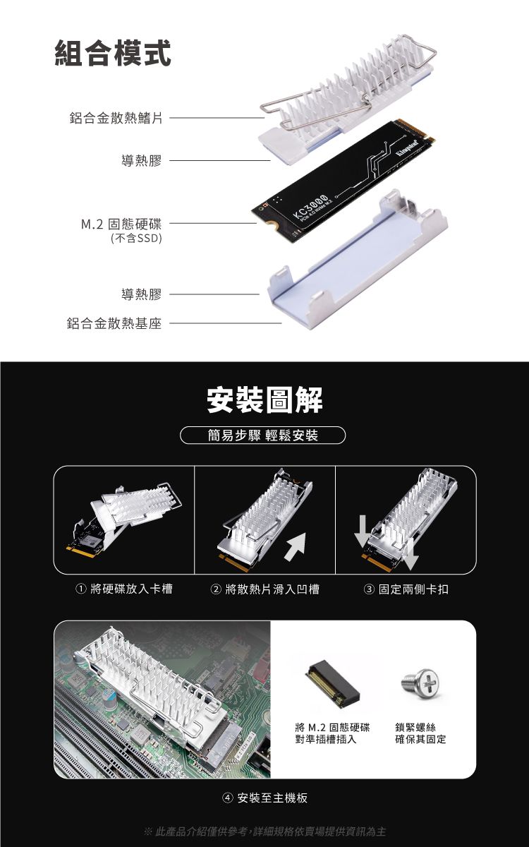 組合模式鋁合金散熱鰭片導熱膠M.2 固態硬碟(不含SSD)導熱膠鋁合金散熱基座安裝圖解簡易步驟 輕鬆安裝① 將硬碟放入卡槽②將散熱片滑入凹槽③ 固定兩側卡扣將M.2固態硬碟鎖緊螺絲對準插槽插入確保其固定④ 安裝至主機板※此產品介紹僅供參考,詳細規格依提供資訊為主