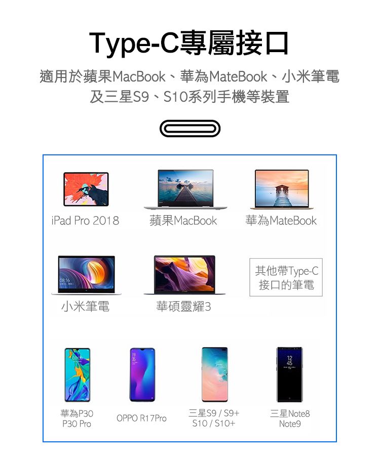 Type-C專屬接口適用於蘋果MacBook、華為MateBook、小米筆電及三星S9、系列手機等裝置iPad Pro 2018 蘋果MacBook華為MateBook08:16小米筆電華碩靈耀3其他Type-C接口的筆電1245華為P30三星S9S9三星Note8OPPO R17ProP30 Pro/S10Note9