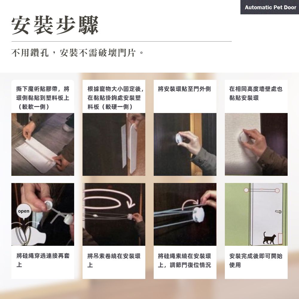 安裝步驟不用鑽孔,安裝不需破壞門片。Automatic Pet Door撕下魔術貼膠帶,將環側黏貼到塑料板上(較軟一側)根據寵物大小固定後,在黏貼掛鉤處安裝塑料板(較硬一側)將安裝環貼至門外側在相同高度墻壁處也黏貼安裝環open將繩穿過連接再套上將吊索卷繞在安裝環上將繩索繞在安裝環上,調節門復位情況安裝完成後即可開始使用