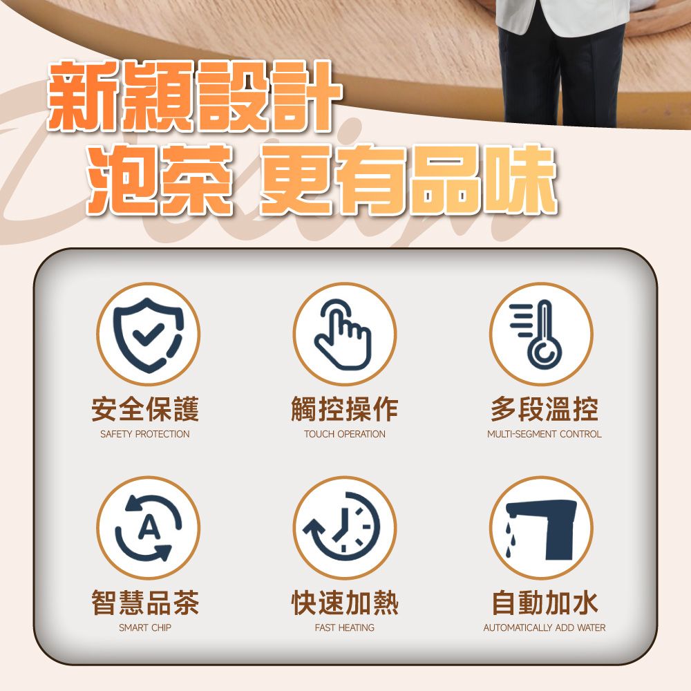 設泡茶 更有安全保護SAFETY PROTECTION觸控操作TOUCH OPERATIONקוון多段溫控MULTI-SEGMENT CONTROLA智慧品茶快速加熱SMART CHIPFAST HEATING自動加水AUTOMATICALLY ADD WATER