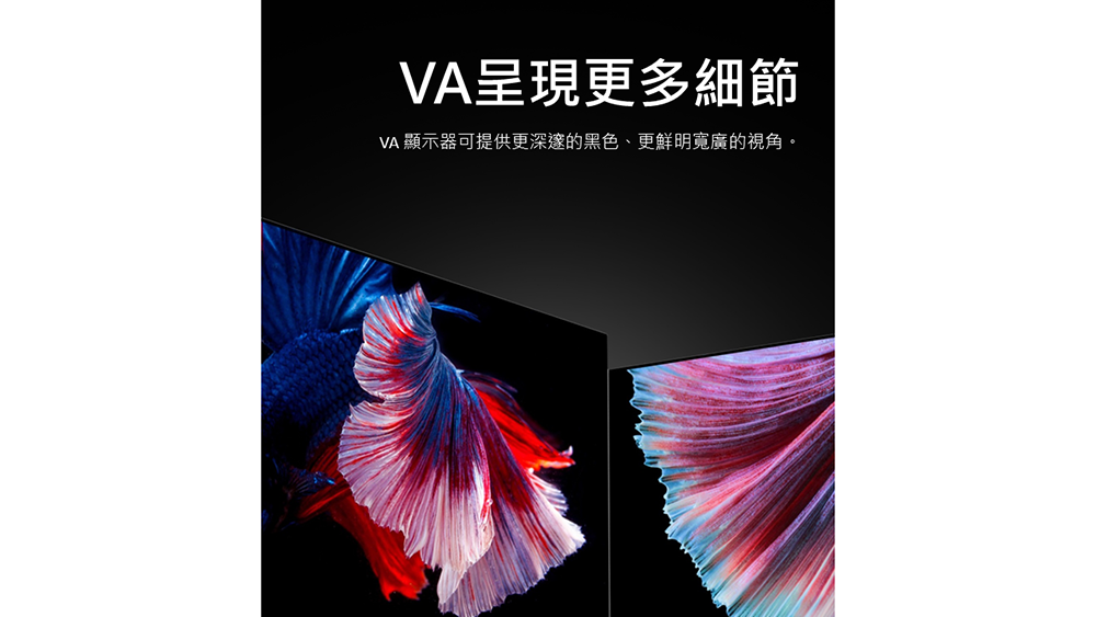 VA呈現更多細節VA 顯示器可提供更深邃的黑色、更鮮明寬廣的視角。