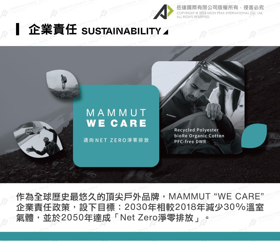 企業責任 sUSTINABILITY A岳達國際有限公司版權所有侵害必究COPYRIGHT  2024 AEON PEAK INTERNATIONAL , LtdALL RIGHTS RESERVED.WE CAREMAMMUT邁向NET ZERO淨排放cycled Polyesterbio Re Organic CottonPFC-free DWR作為全球歷史最悠久的頂尖戶外品牌,MAMMUT“WE CARE”企業責任政策,設下目標:2030年相較2018年減少30%溫室氣體,並於2050年達成「Net Zero淨零排放」