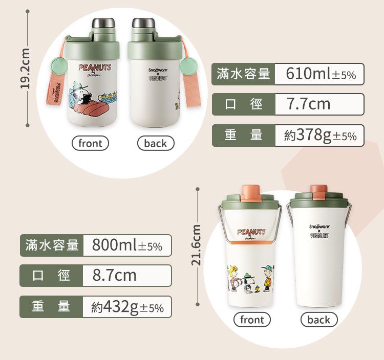 192cmPEANUTSfrontback800ml%21.6cm.610ml5%口徑 7.7cm重量 5%PEANUTS口徑 8.7cm重量 432g5%frontback