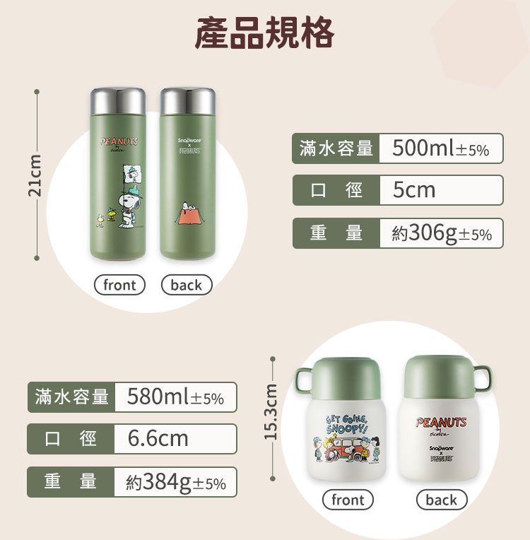 21cm-產品規格PEANUTS滿水容量500ml±5%口徑 5cm重量約306g±5%frontback滿水容量 580ml±5%153cm.口徑 6.6cm重量 約384g±5%frontback PEANUTS