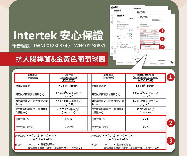 安心保證報告編號:TWNC01230834TWNC01230831抗大腸桿&金黃色葡萄球Intertek保存編號大腸桿Escherichia TCC 8739保存編號液濃度2.6 X  /毫升菌液濃度對照之菌數 6.4 X 10 CF/平方公分(Log: 3.81對照經 24 小時之菌數()1.9 X 10 CFU/平方公分(Log: 6.28)對照經 24 小時後之菌數(U)加工處理經 24 小時培養後之數() 0.63 CFU/平方公分(Log: 0.2)「對照接種後之菌數 ()加工處理經 24 小時培養後之菌數()金黃色(Staphylococcus aureus)(ATCC 6538P)4.0 X  CFU/毫升8.9 X 10 CFU/平方公分(Log: 3.95)8.2 X 10 CFU/平方公分(Log: 4.91)39 CFU/平方公分(Log: 1.59)抗菌效力(R) 6.483.32抗菌效力(R)(%)計算公式:R  (UU)  (-)  U4-4抗菌效力(R) 99.99抗菌效力(R)(%)計算公式:R  (U-U) - (A-) = U-A121299.95= (U-)/%= (U-A)/Ux100%3備註:CFU= 形成備註:CFU= 菌落形成單位經抗菌加工處理之,其抗菌效力(R)不可小於2.0。經抗菌加工處理之,其抗菌效力(R)不可小於2.0。