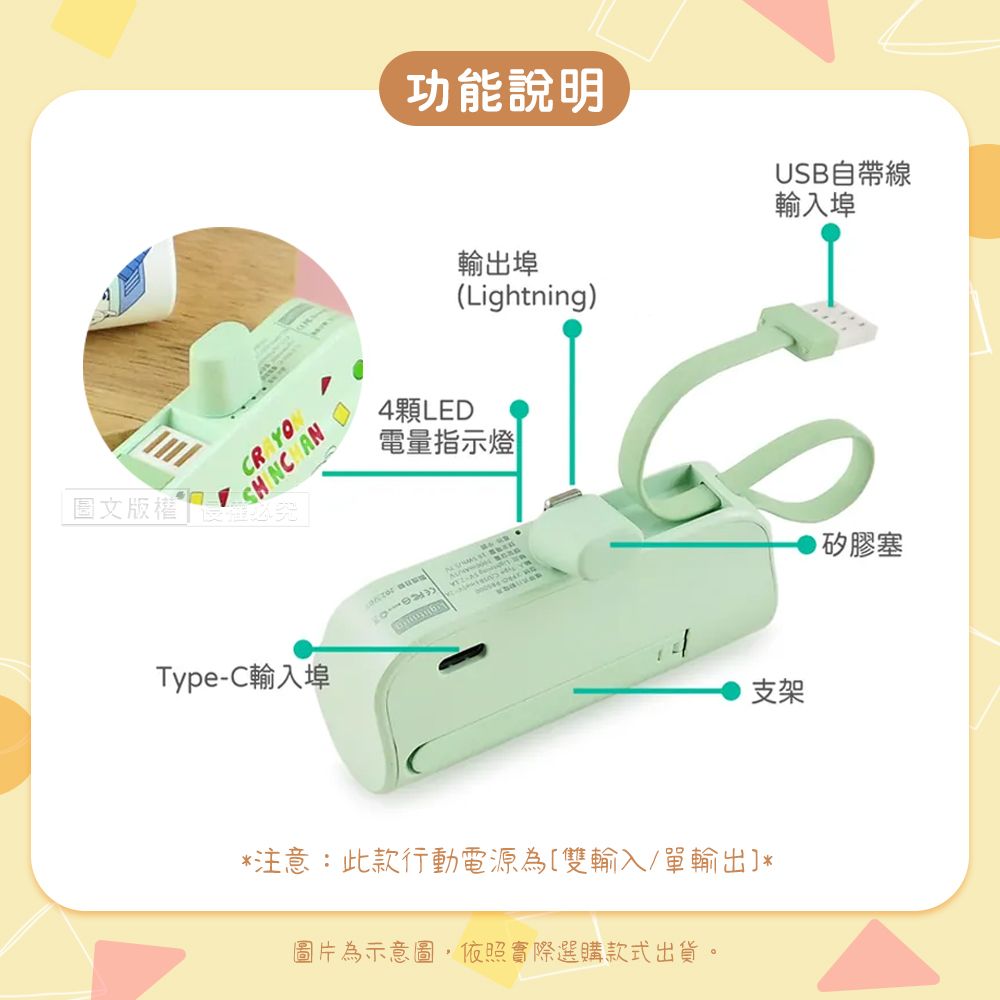 A圖文版權Type-C輸入埠功能說明4顆LED電量指示燈 輸出埠(Lightning)N *注意:此款行動電源為雙輸入/單輸出*圖片為示意圖,依照實際選購款式出貨。USB自帶線輸入埠支架矽膠塞