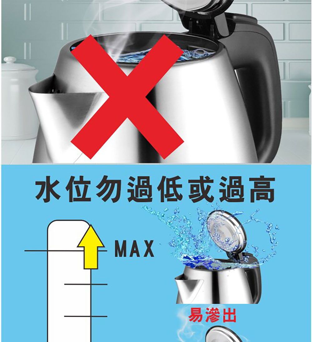 水位勿過低或過高MAX易滲出