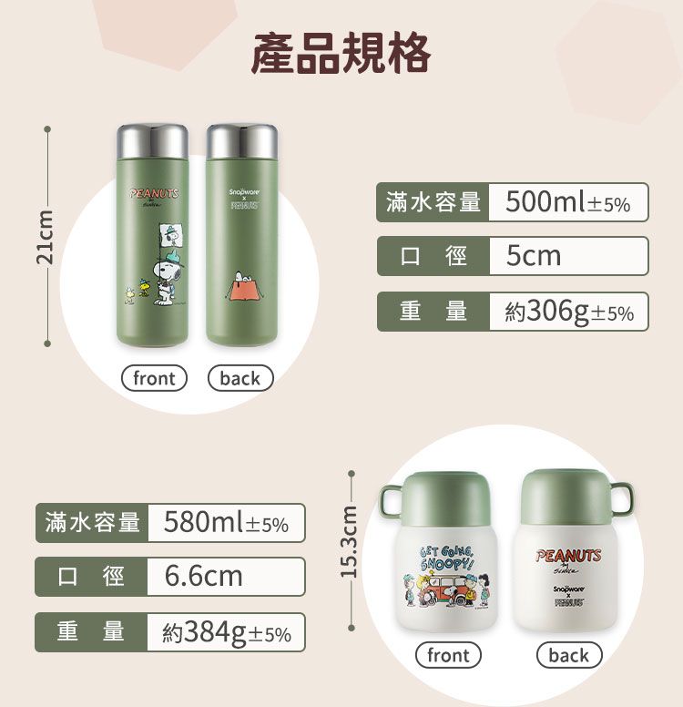 產品規格PEANUTS滿水容量 500ml±5%口徑 5cm重量約306g±5%front back滿水容量 580ml±5%口徑 6.6cm15.3cm  PEANUTS重量 約384g±5%frontback