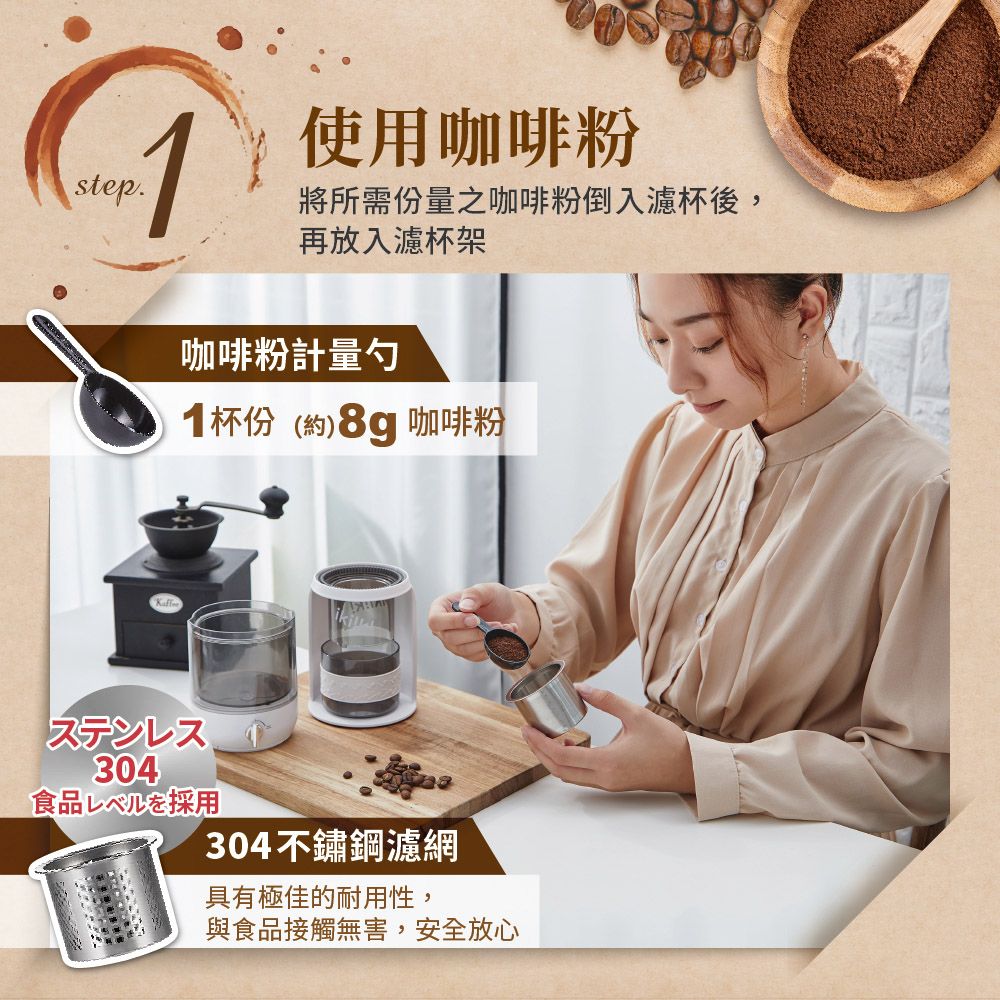 step.1使用咖啡粉將所需份量之咖啡粉倒入濾杯後,再放入濾杯架咖啡粉計量勺1杯份(約)8g咖啡粉ステンレス304食品レベルを採用304不鏽鋼濾網具有極佳的耐用性,與食品接觸無害,安全放心