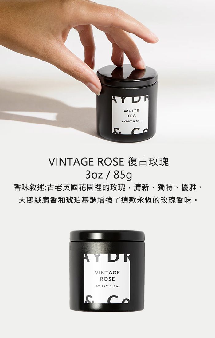 WHITETEAAYORY  o.VINTAGE ROSE 復古玫瑰3oz / 85g香味敘述:古老英國花園裡的玫瑰清新、獨特、優雅。天鵝絨麝香和琥珀基調增強了這款永恆的玫瑰香味。AYDRVINTAGEROSEAYDRY & Co.& C