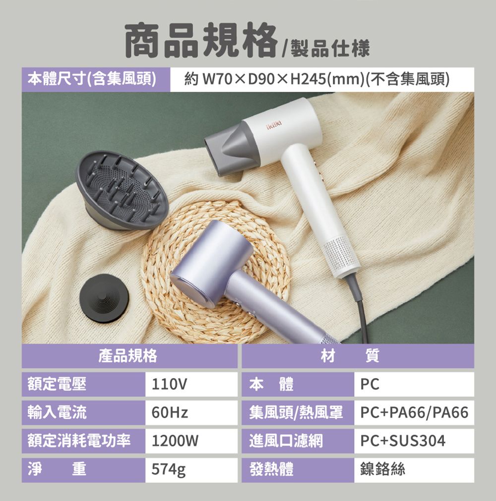 商品規格/製品仕様本體尺寸(含集風頭) 90×H245(mm)(不含集風頭)產品規格材質額定電壓110V本體PC輸入電流60Hz集風頭/熱風罩 PC+PA66/PA66額定消耗電功率1200W進風口濾網PC+SUS304淨重574g發熱體鎳鉻絲