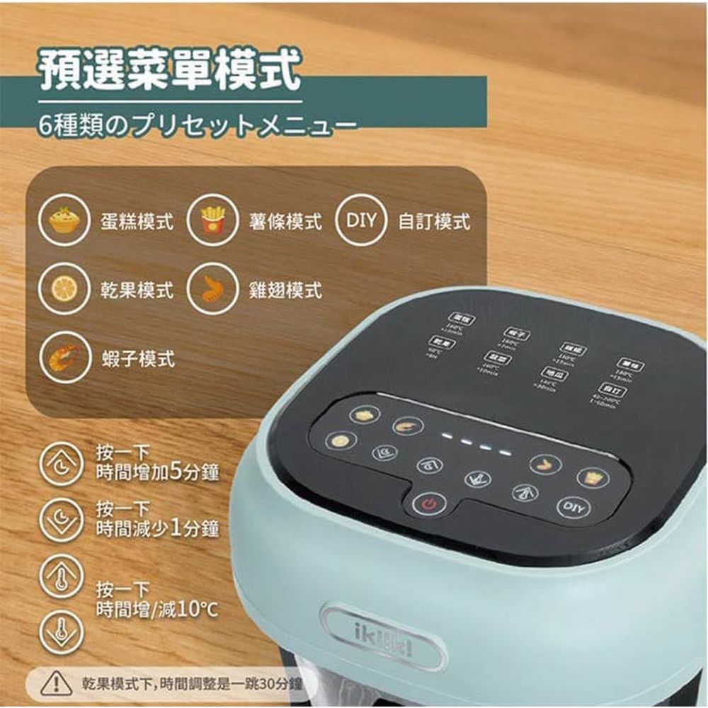 預選菜單模式6種類の薯條模式(DIY 自訂模式蛋糕模式雞翅模式乾果模式蝦子模式按一下時間加5分鐘按一下時間減少1分鐘按一下時間增/減10 乾果模式下,時間調整是一跳30分鐘DIY