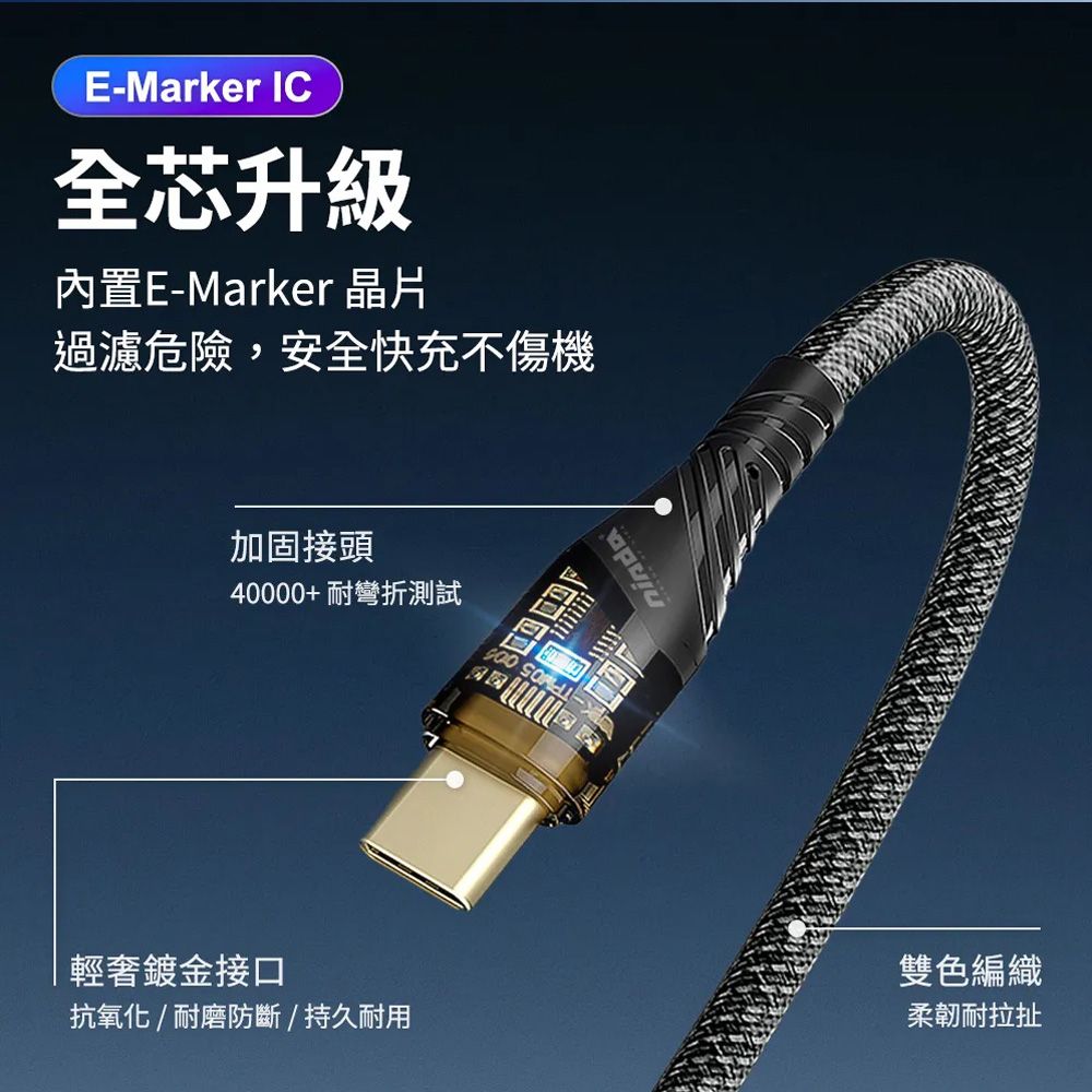 E-Marker IC全芯升級內置E-Marker 晶片過濾危險,安全快充不傷機加固接頭40000+耐彎折測試 輕奢鍍金接口抗氧化/耐磨防斷/持久耐用ninda雙色編織柔韌耐拉扯