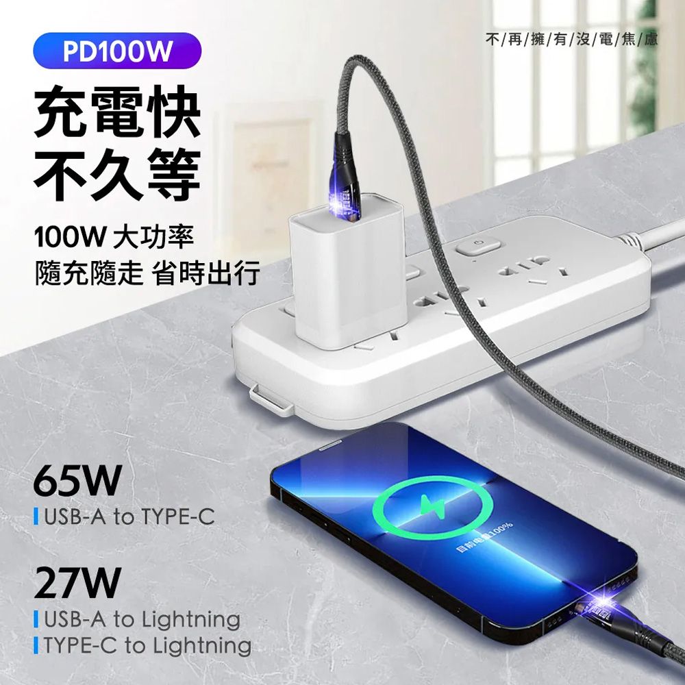 PD100W充電快不久等100W大功率充走 省時出行不再/擁有/沒/電/焦/慮65W  TYPE-C27WUSB-A to LightningI TYPE-C to LightningA目前电量100%