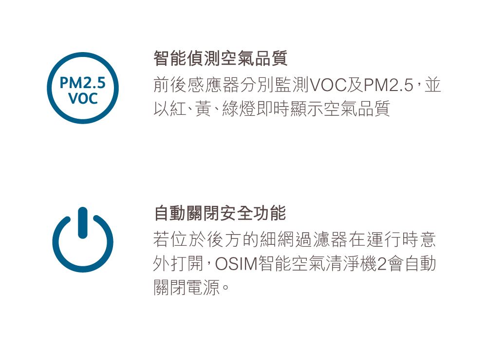 智能偵測空氣品質PM.5前後感應器分別監測VOC及PM2.5,並以紅、黃、綠燈即時顯示空氣品質自動關閉安全功能若位於後方的細網過濾器在運行時意外打開,OSIM智能空氣清淨機2會自動關閉電源。