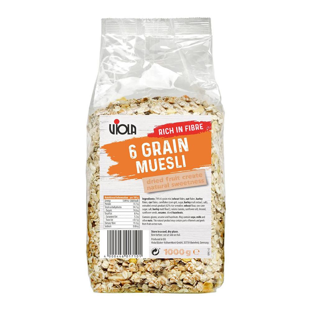 RICH IN FIBRE6 GRAINMUESLIdrid fruit create sweetness  per  Ingredients 74 6 gra  wheat     1549    Fat  fatDietary fibre rye flakes     barley      (62% rice semoline wheat     barley    (raisins    seeds   Contains gluten sesame and  May    and other   natural  may contain parts of  and peels    4 000446 017101Store in a cool dry placeBest before: see at side on  in    33739 , 1000 g e
