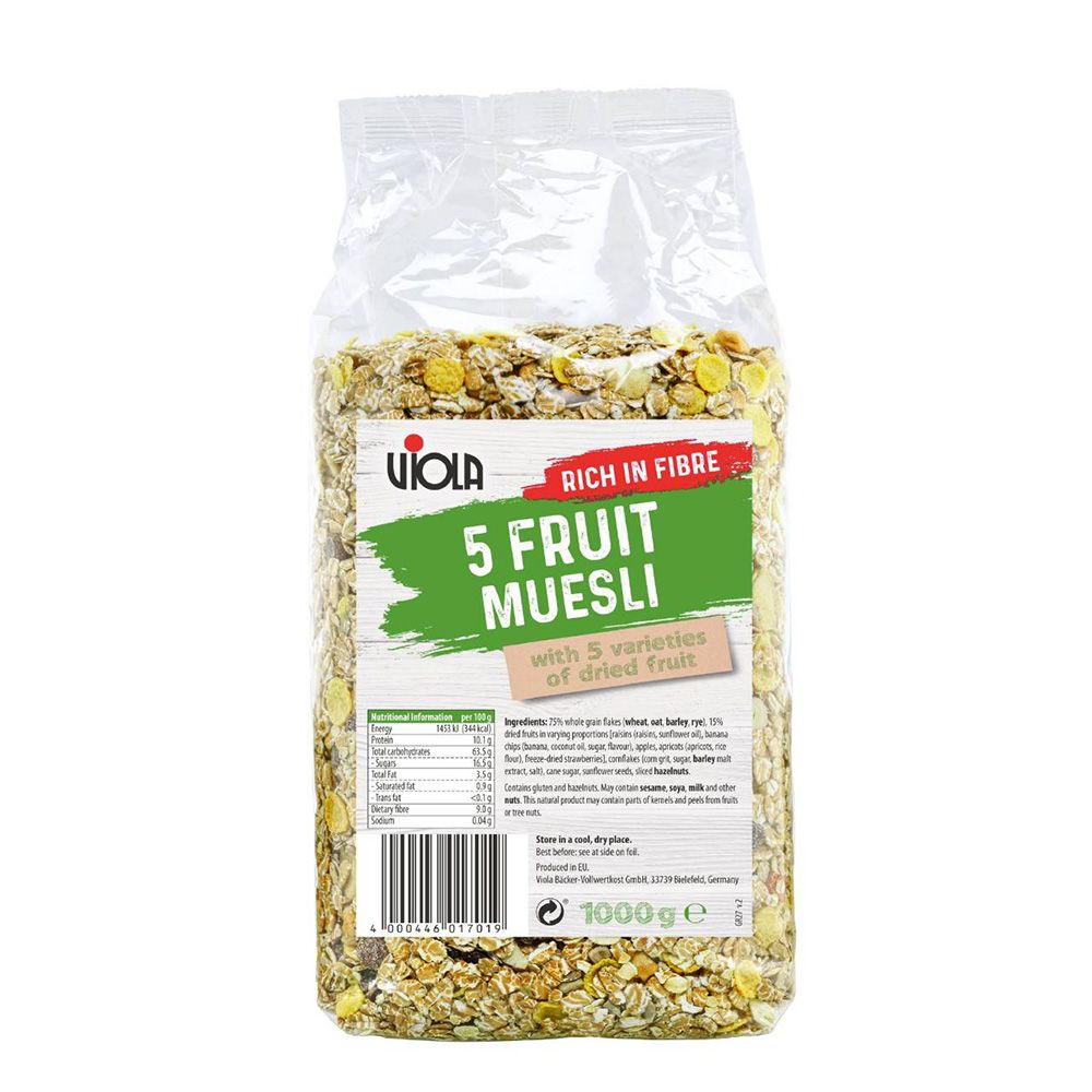 RICH IN FIBRE5 FRUITMUESLI Infmti per Protn  344   Fat Trans fat 4000446 017019with 5 of dried fruitIngredients 75% whole grain  wheat  barley rye %dried  in varying proportions           apples    dried strawberries  (   barley extract  cane sugar  seeds   gluten and  May contain sesame, ,  and  This   may contain parts of kernels and peels from fruitsor  Store in a cool, dry placeBest before: see at side on Produced in EU - GmbH, 33739 Bielefeld, Germany1000g ei