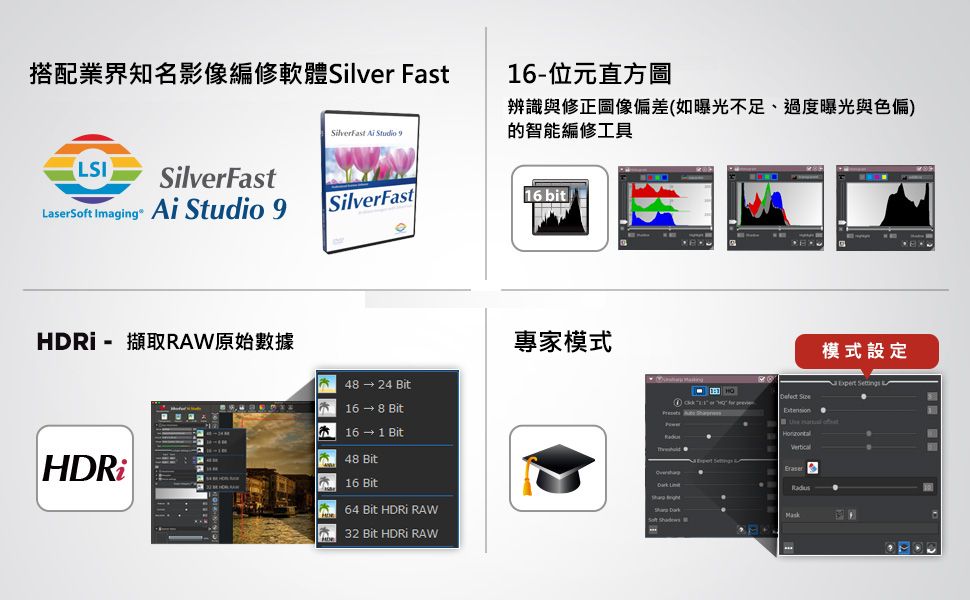 搭配業界知名影像編修軟體Silver FastLSI16-位元直方圖SilverFast   9辨識與修正圖像偏差(如曝光不足、過度曝光與色偏)的智能編修工具Laser Imaging Ai Studio 9SilverFast16 bit HDRi-擷取RAW原始數據HDRi  24 Bit16  8 Bit16 → 1 Bit48 Bit16 Bit64 Bit  RAW32 Bit  RAW專家模式    VerticalSoft  模式設定