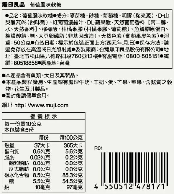 無印良品 葡萄風味軟糖品名葡萄風味軟糖 成分:麥芽糖、砂糖、葡萄糖、明膠(豬來源)、D-梨醇70%(甜味劑)、紅葡萄濃縮汁、DL-蘋果酸、天然葡萄香料【丙二醇、水、天然香料、檸檬酸、柑橘果膠(柑橘果膠、葡萄糖)、魚鱗膠原蛋白、檸檬酸鈉、鹽、大豆卵磷脂(非基因改造)、天然色素(葡萄果皮色素)淨:50公克 有效日期:標示於包裝正面上方(西元年月日)保存方法:請避免存放在高溫或日光照射處委製廠商:台灣無印良品股份有限公司 地址:臺北市松山區八德路四段760號13樓 客服電話:0800-505151 編:80518858原產地:台灣產品含有魚類、大豆及其製品。●產品製程廠房、生產線有處理牛奶、羊奶、蛋、芒果、堅果、含麩質之穀物、花生及其製品。●開封後請儘早食用。網址 http://www.muji.com營養標示每一份量10公克 本包裝含5份每份每100公克熱量37大卡365大卡R01蛋白質0.6公克5.6公克脂肪2公克0.2公克飽和脂肪0.0公克0.0公克反式脂肪0.0公克0.0公克碳水化合物8.5公克85.3公克糖5.5公克54.5公克鈉10毫克97毫克4550512 478171