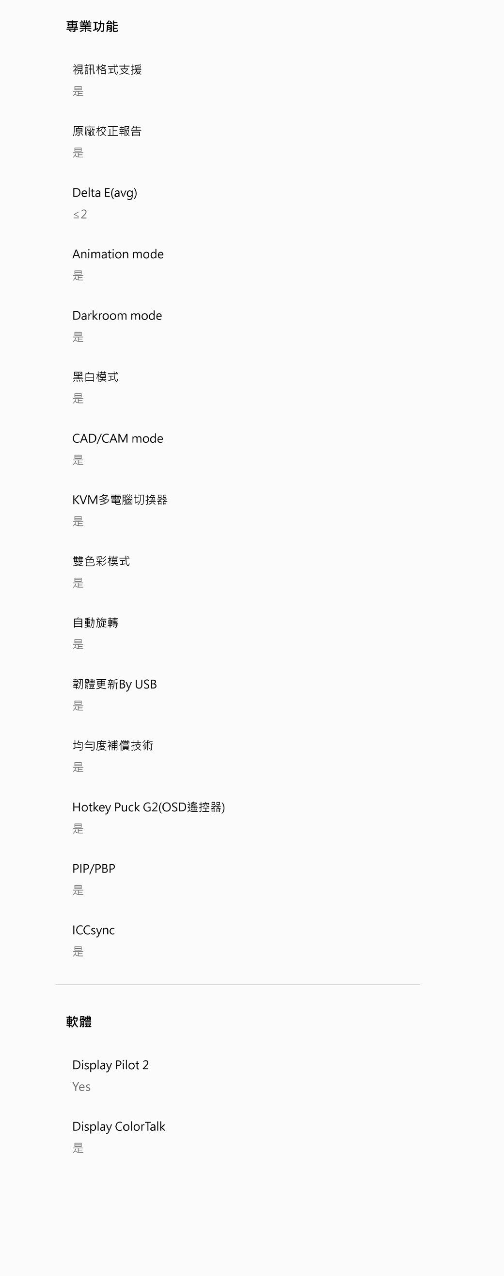 專業功能視訊格式支援原廠校正報告Delta E(avg)2Animation modeDarkroom mode黑白模式CAD/CAM modeKVM多電腦切換器雙色彩模式自動旋轉韌體更新By USB均勻度補償技術Hotkey Puck G2(OSD遙控器)PIP/PBPICCsync軟體Display Pilot 2YesDisplay ColorTalk