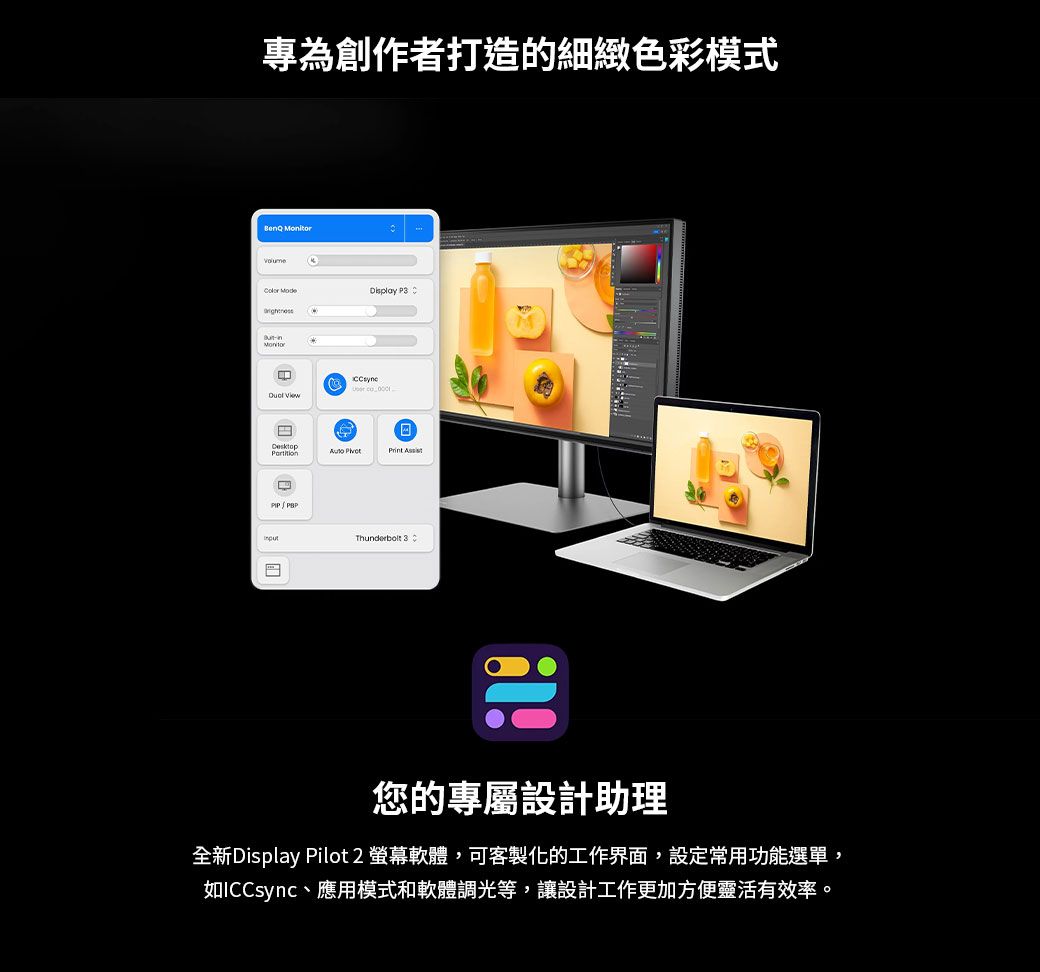 專為創作者打造的細緻色彩模式       Print Thunderbolt !您的專屬設計助理全新Display Pilot 2 軟體,可客製化的工作界面,設定常用功能選單,如ICCsync、應用模式和軟體調光等,讓設計工作更加方便靈活有效率。