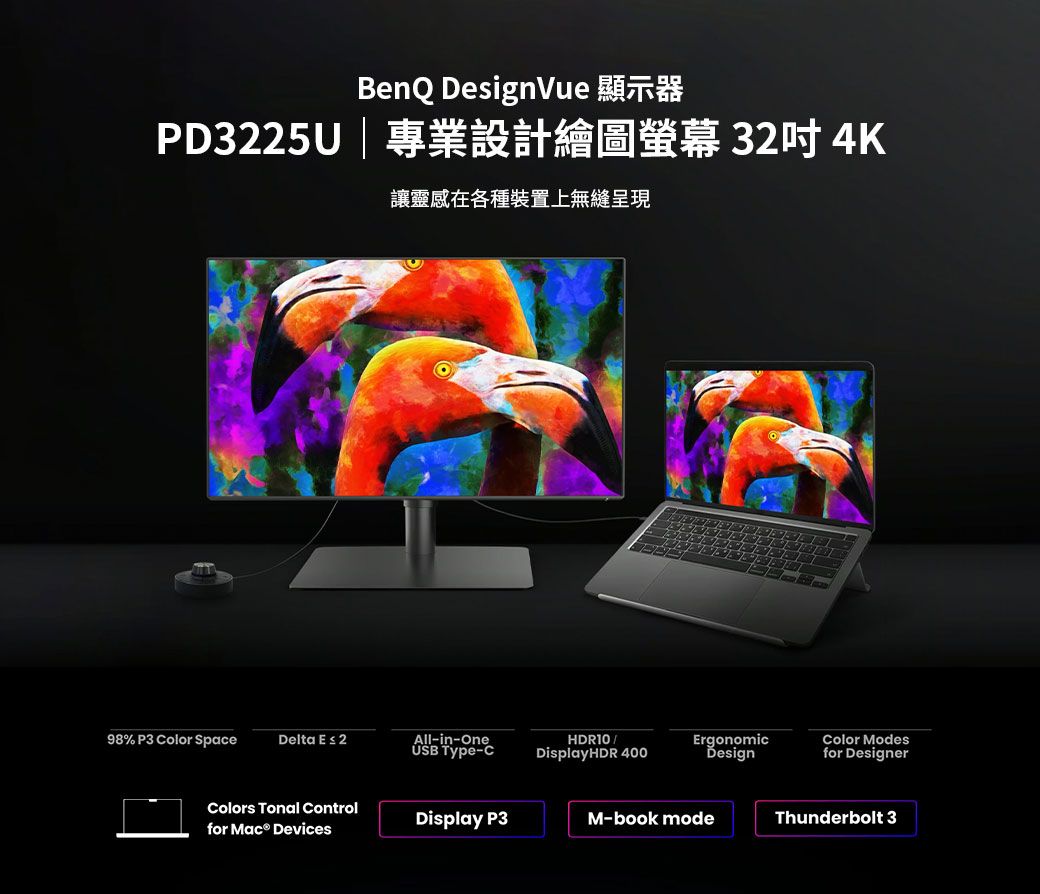 BenQ DesignVuePD3225U|專業設計繪圖螢幕 32 4K讓靈感在各種裝置上無縫呈現98% P3 olor SpaceDelta E  2All-in-OneHDR10USB Type-CDisplay HDR 400ErgonomicDesignColor Modesfor DesignerColors Tonal Controlfor  DevicesDisplay P3M-book modeThunderbolt 3