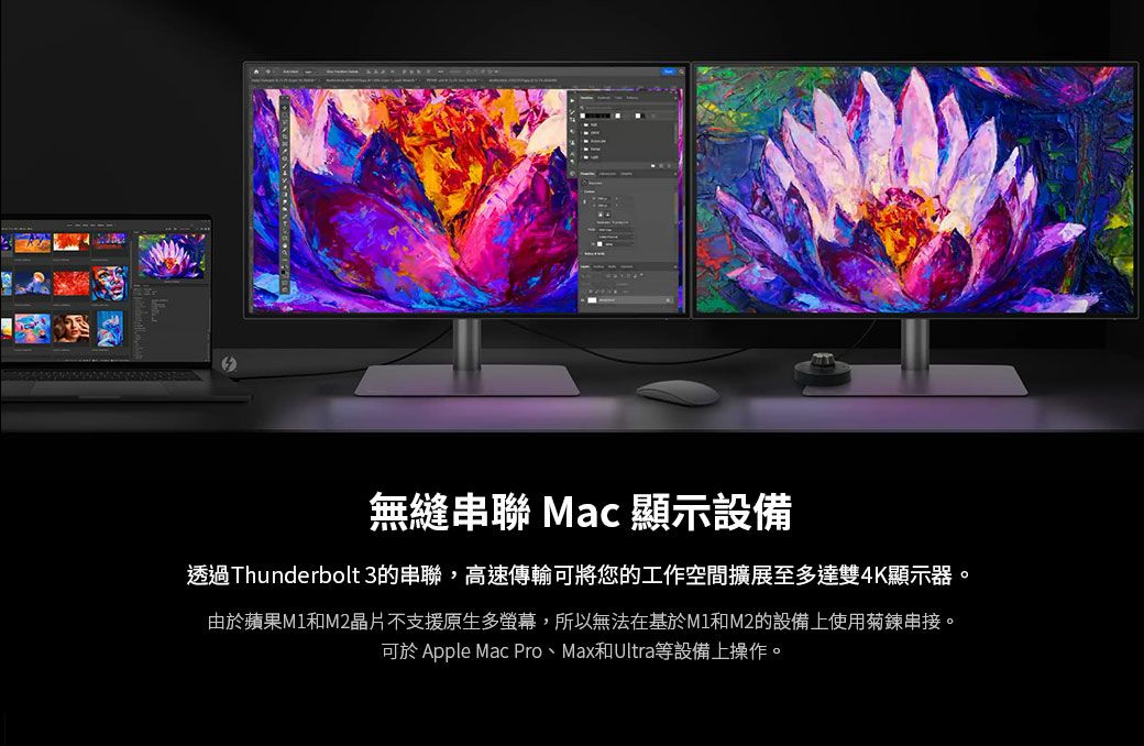 無縫 Mac 顯示設備透過Thunderbolt 3的串聯,高速傳輸可將您的工作空間擴展至多達雙4K顯示器 由於蘋果M1和M2晶片不支援原生多螢幕,所以無法在基於M1和M2的設備上使用菊鍊串接。可於 Apple Mac Pro、Max和Ultra等設備上操作。