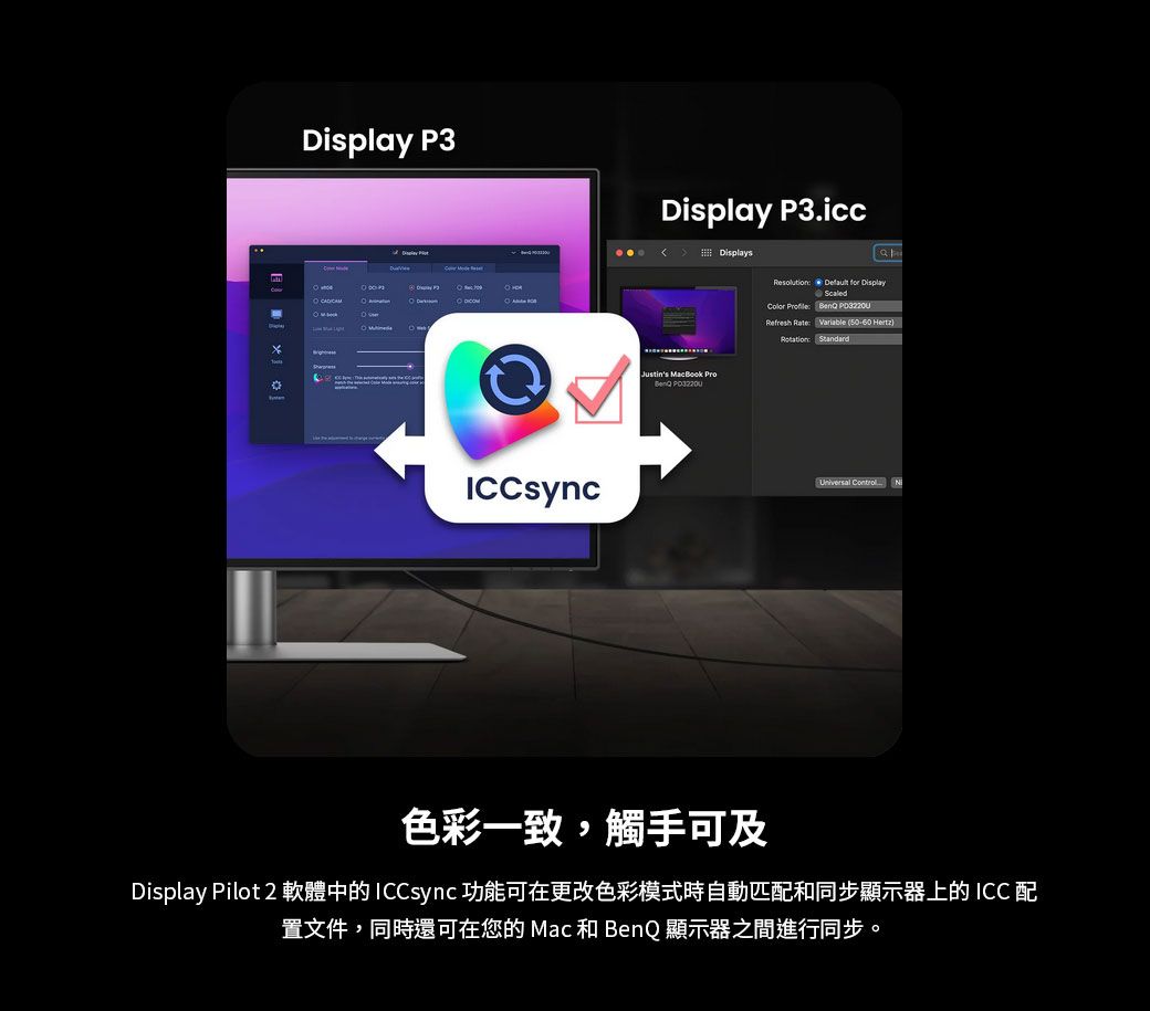 P3ICCsyncDisplay P3.iccJustin's  Pro Displays   DisplayScaled  BenQ Refresh  Variable ( Hertz: Universal  N色彩一致,觸手可及Display Pilot 2 軟體中的ICCsync 功能可在更改色彩模式時自動匹配和同步顯示器上的 ICC 配置文件,同時還可在您的Mac 和 BenQ 顯示器之間進行同步。