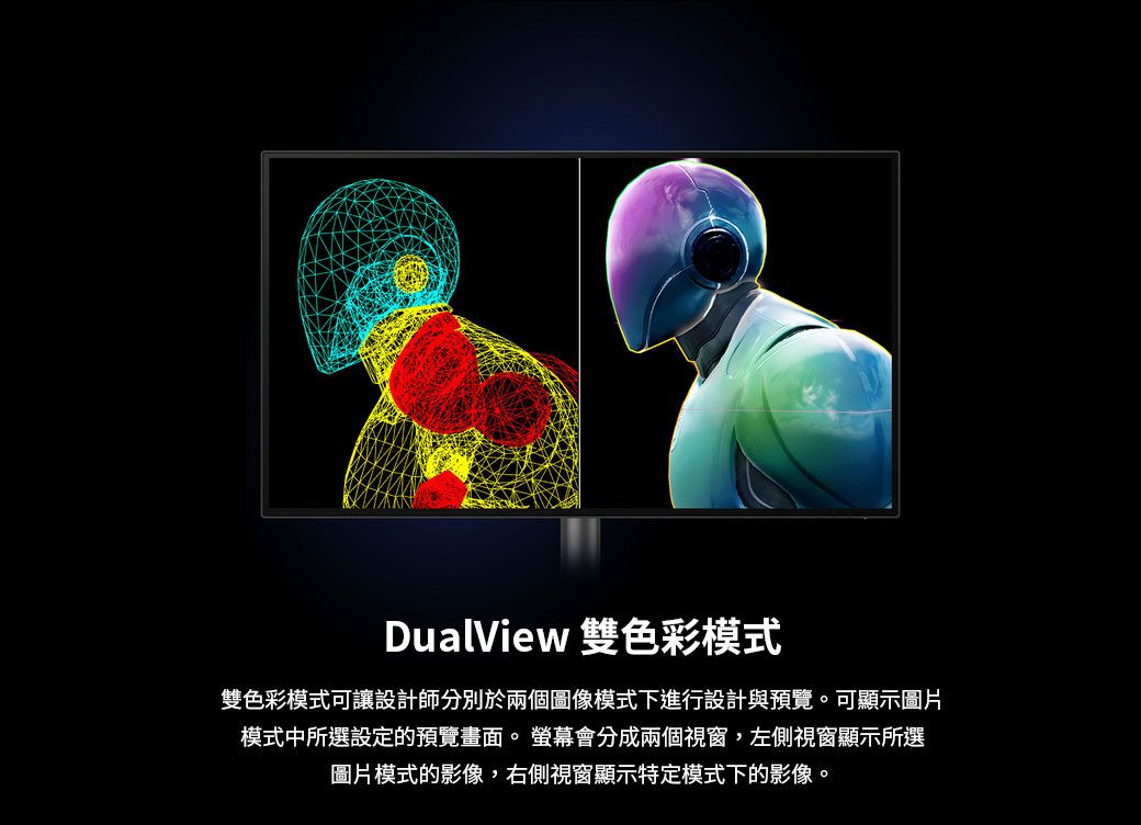 DualView 雙色彩模式雙色彩模式可讓設計師分別於兩個圖像模式下進行設計與預覽。可顯示圖片模式中所選設定的預覽畫面。 螢幕會分成兩個視窗,左側視窗顯示所選圖片模式的影像,右側視窗顯示特定模式下的影像。