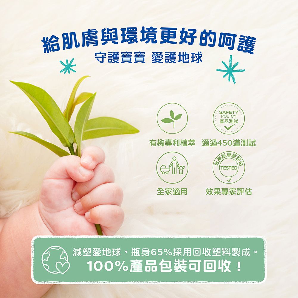 給肌膚與環境更好的呵護守護寶寶 愛護地球SAFETYPOLICY產品測試有機專利植萃 通過450道測試效果評估TESTED全家適用 效果專家評估減塑愛地球,瓶身65%採用回收塑料製成。100%產品包裝可回收!