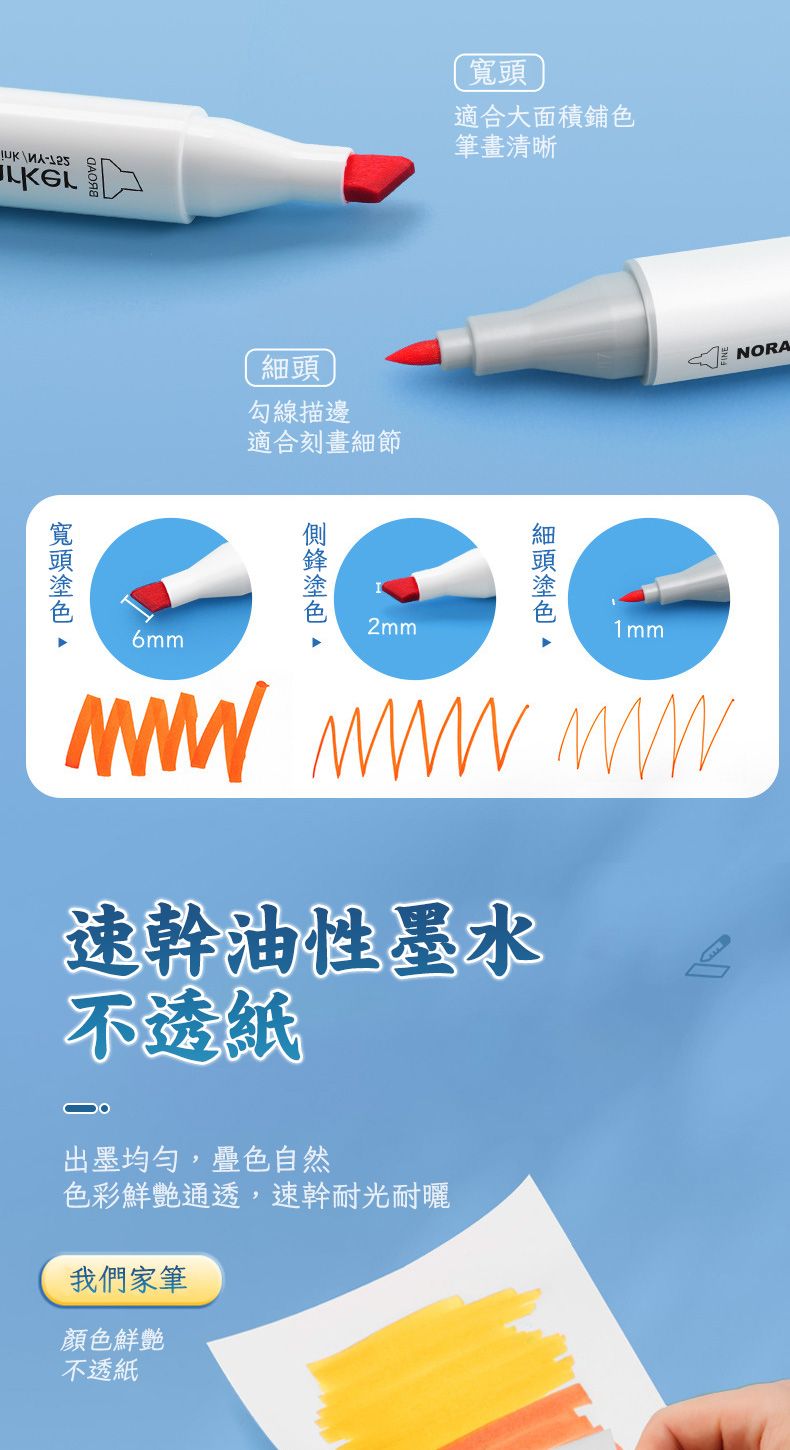 細頭勾線描邊適合刻畫細節寬頭適合大面積鋪色筆畫清晰2mm1mm6mm NORA  速幹油性墨水不透紙出墨均勻,疊色自然色彩鮮艷通透,速幹耐光耐曬我們家筆顏色鮮艷不透紙