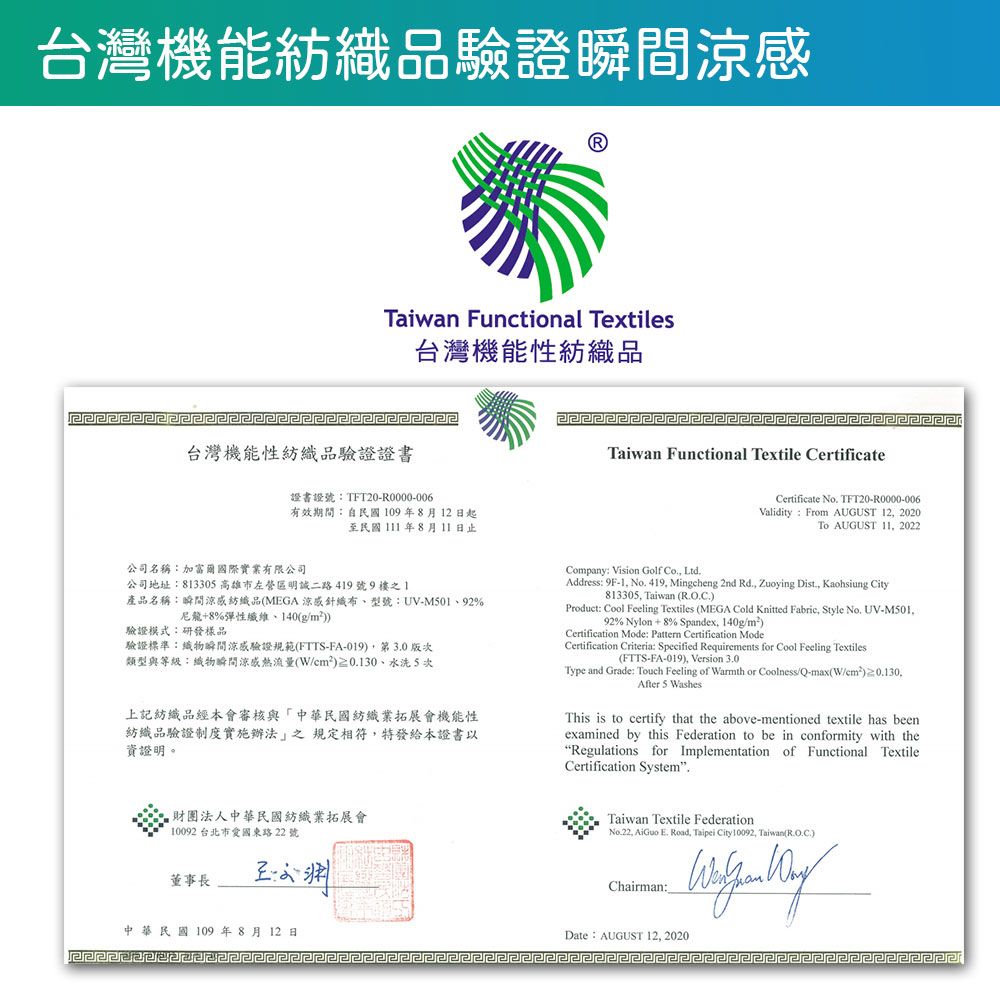 台灣機能紡織品驗證瞬間涼Taiwan Functional Textiles台灣機能性紡織品厄尼台灣機能性紡織品驗證證書證書證號:TFT20-R0000-006有效期間:自民國109年8月12日起至民國1年8月11日止公司名稱:加富爾國際實業有限公司Taiwan Functional Textile CertificateCertificate No. TFT20-R0000-006Validity: From AUGUST 12 2020To AUGUST 11 2022公司地址:81330 區明誠二路419號9樓之1產品名稱:瞬間涼感紡織品MEGA 涼感型號:UV-M50192%尼龍+8%彈性纖維、140(g/m²))驗證模式:研發樣品驗證標準:織物瞬間涼感驗證規範(FTTS-FA-019)3.0版次類型與等級:織物瞬間涼感熱流量(/)≥0.130、水洗5次上記紡織品經本會審核與中華民國紡織業拓展會機能性紡織品驗證制度實施辦法之規定相符特發給本證書以資證明。Company: Vision Golf Co., Ltd.Address: 9F-1, No. 419, Mingcheng 2nd Rd., Zuoying Dist., Kaohsiung City813305, Taiwan (R.O.C.)Product: Cool Feeling Textiles (MEGA Cold Knitted Fabric, Style No. UV-M501,92% Nylon + 8% Spandex, 140g/m²)Certification Mode: Pattern Certification ModeCertification Criteria: Specified Requirements for Cool Feeling Textiles(FTTS-FA-019), Version 3.0Type and Grade: Touch Feeling of Warmth or Coolness/Q-max(W/cm²)≥0.130,After 5 WashesThis is to certify that the above-mentioned textile has beenexamined by this Federation to be in conformity with theRegulations for Implementation of Functional TextileCertification System.*財團法人中華民國紡織業拓展會10092 台北市愛國東路22號董事長中華民國109年8月12日Taiwan Textile FederationNo.22, AiGuo E. Road, Taipei City 10092, Taiwan(R.O.C.)Chairman:WDate:AUGUST 12, 2020