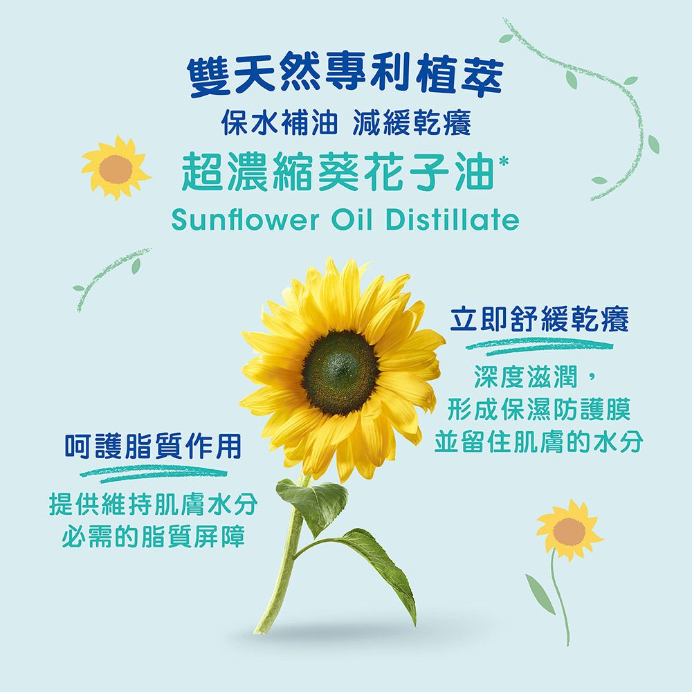 雙天然專利植萃保水補油 減緩乾癢超濃縮葵花子油*Sunflower Oil Distillate呵護脂質作用提供維持肌膚水分必需的脂質屏障立即舒緩乾癢深度滋潤,形成保濕防護膜並留住肌膚的水分