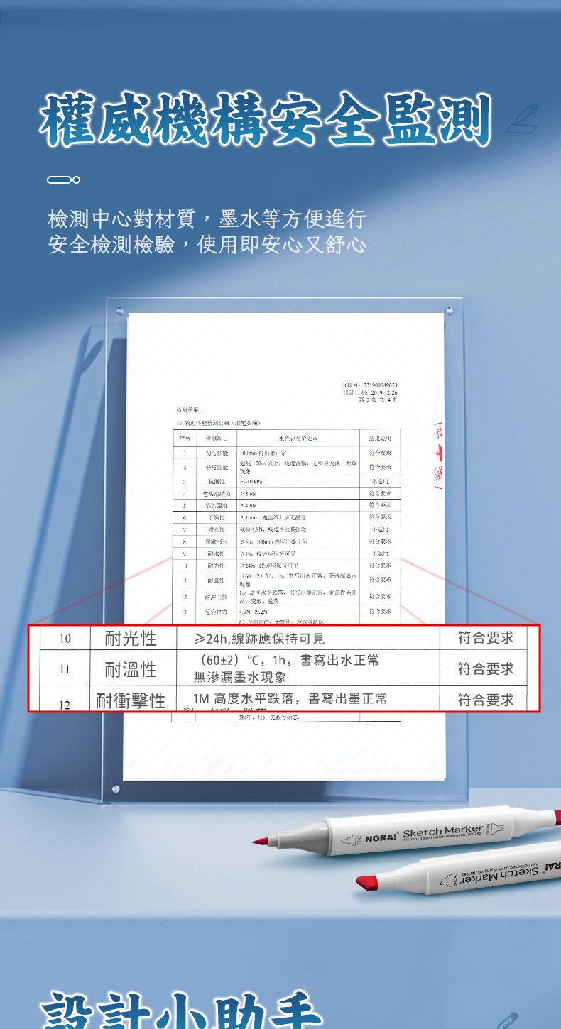 權威機構安全監測檢測中心對材質方便進行安全檢測檢驗使用即安心又舒心报检号900019052019--23检测序号 检测水1 2划线3 4笔头349N6符合  符合12耐性  山水正常水 水书写墨,无貌变形、脱落不适用:符合要符合求符合求  4.9N-符合求10 耐光性≥24h,線跡應保持可見符合要求11 耐溫性(60±2,h,書寫出水正常無滲漏墨水現象符合要求12耐衝擊性1M 高度水平跌落,書寫出墨正常符合要求(,)、等設計小助NORA Sketch Marker