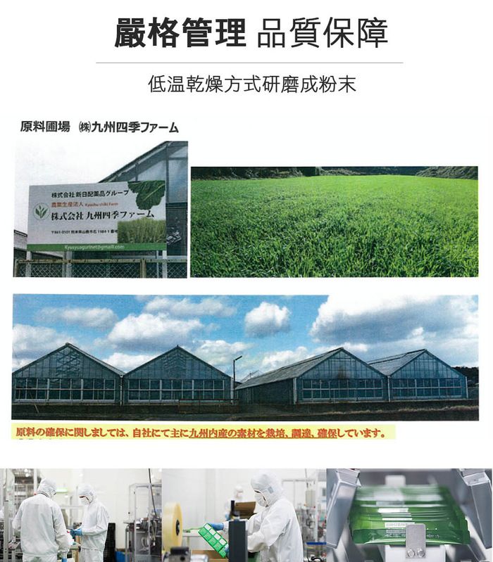 嚴格管理 品質保障低溫乾燥方式研磨成粉末原料圃場 (株)九州四季ファーム株式会社新日配薬品グループ株式会社九州四季ファーム原料の確保に関しましては自社にて主に九州内産の素材を栽培調達、確保しています。