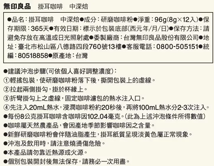 無印良品 掛耳咖啡 中深焙品名:掛耳咖啡 中深焙成分:研磨咖啡粉 淨重:96g(8gx12入)保存期限:365天有效日期:標示於包裝底部(西元年/月/日)保存方法:請避免存放在高溫或日光照射處委製廠商:台灣無印良品股份有限公司 地址:臺北市松山區八德路四段760號13樓 客服電話:0800-505151 編:80518858原產地:台灣建議沖泡步驟(可依個人喜好調整濃度):①輕搖包裝,使研磨咖啡粉落下後,撕開包裝上的虛線。②拉起兩側掛勾,掛於杯緣上。③折彎掛勾上之虛線,固定咖啡濾包的熱水注入口。④先注入20mL熱水,浸潤咖啡粉約20秒後,再將100mL熱水分2-3次注入。每份8公克掛耳咖啡含咖啡因102.04毫克。(此為上述沖泡條件所得數值)咖啡屬天然農產品,會因產地季節影響咖啡因之含量。●新鮮研磨咖啡粉會伴隨油脂產生,掛耳紙質呈現淡黃色屬正常現象。●沖泡及飲用時,請注意燒燙傷危險。●本產品請勿靠近熱源或火源。個別包裝開封後無法保存,請務必一次用盡。