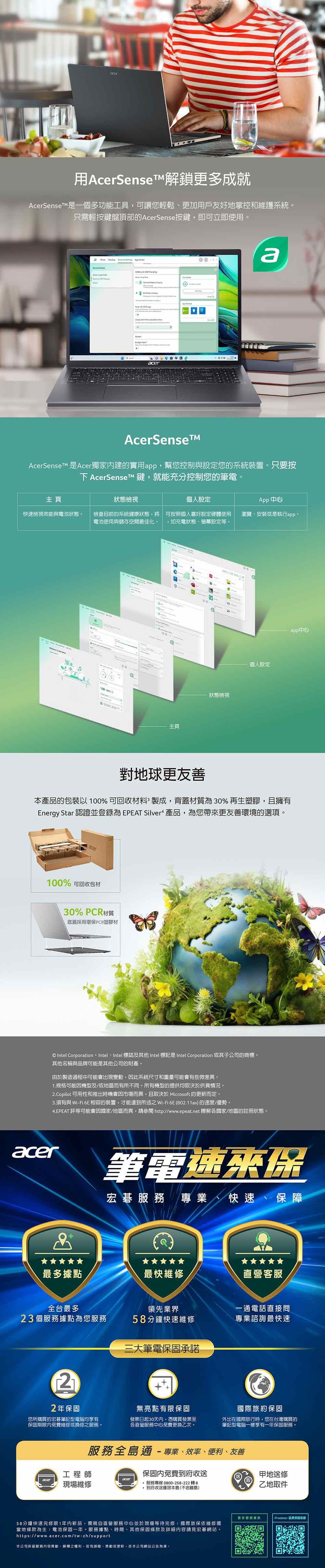 用AcerSenseT解鎖更多成就AcerSenseT是一個多功能工具可讓您輕鬆更加用戶友好地掌控和維護系統。只需輕按鍵盤頂部的AcerSense按鍵,即可立即使用。       aceraAcerSenseAcerSenseT 是Acer獨家的實用app,幫您控制與設定您的系統裝置。只要按下 AcerSenseT 鍵,就能充分控制您的筆電。主頁狀態檢視個人設定App 快速檢視效能與電池狀態。檢查目前的系統健康狀態,將 可按照個人喜好設定硬體使用電池使用與儲存空間最佳化。 ,如充電狀態、螢幕設定等。瀏覽、安裝或是執行app。主頁狀態檢視個人設定app中心對地球更友善本產品的包裝以100%可回收材料製成,背蓋材質為30%再生塑膠,且擁有Energy Star 認證並登錄為 EPEAT Silver 產品,為您帶更友善環境的選項。acer100% 可回收包材30% PCR材質底蓋採用環保PCR塑膠材 Intel Corporation。 Intel、Intel 標誌及其他 Intel 標記是Intel Corporation 或其子公司的商標。其他名稱與品牌可能是其他公司的財產。由於製造過程中可能會出現變動,此系統尺寸和重量可能會有些微差異。1. 規格可能機型及/或地區而有所不同。所有機型的提供均取決於供貨情況。2.Copilot 可用性和推出時機會因市場而異,且取決於 Microsoft 的更新而定。3.須有與 Wi-Fi6E 相容的裝置,才能達到所述之 Wi-Fi6E 802.11ax) 的速度/優勢。4.EPEAT 評等可能會因國家/地區而異,請參閱http//www.epeat.net 瞭解各國家/地區的註冊狀態。acer筆電速來保宏碁 專業、快速、保障最多據點最快維修直營客服全台最多領先業界一通電話直接問23個服務據點為您服務58分鐘快速維修專業諮詢最快速三大筆電承諾22年保固您所購買的宏碁筆記型電腦均享有保固期限免費維修或換修之服務。無亮點有限保固發票日起30天內,憑購買發票至各直營服務中心免費更換乙次。國際旅約保固外出在國際旅行時,您在台灣購買的筆記型電腦一樣享有一年保固服務。服務全島通-專業、效率、便利、友善保固內免費到府收送 服務專線 0800-258-222 轉8到府收送僅限本島(不含離島)工程師acer現場維修58分鐘快速完修限1年內新品,需親自直營服務中心並於現場等待完修:國際旅保依維修國當地條款為主;電池保固一年。服務據點、時間、其他保固條款及詳細內容請見宏碁網站。https://www.acer.com/tw-zh/support本公司保留服務內容異動、解釋之權利,若有誤植、異動或更新,依本公司網站公告為準。甲地送修乙地取件更多服務(Predator 延長保固