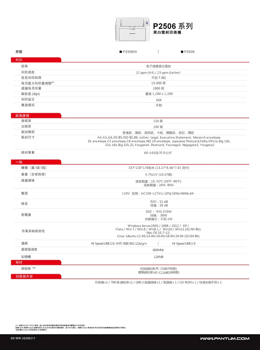 型號列列印速度P2506 系列黑白雷射印表機電子黑白雷射首頁列印時間每月最大列印量週期建議每月印量22 ppm A4  23 ppm Letter不785000頁2000頁解析度(dpi列印語言雙面模式紙張處理進紙匣出紙匣紙材類型紙材尺寸紙材重量一般積(寬X高)重量(碳粉匣)建議電源噪音耗電量最高 200 x 1200GDI手動150頁100頁IP2506普纸、厚纸、透明紙、卡紙、標籤紙、信封、薄紙A4 A5,A6,JIS , B5, B6, Letter, Legal, Executive, Statement, Monarch envelope. envelope,  envelope, C6 envelope, NO.10 envelope, Japanese Postcard, Folio, Oficio, Big 16k,32k, 16k, Big 32k, , Yougata4, Postcard, Younaga3, Nagagata3, Yougata260~163克/平方公尺337220*178毫米 (13.27*8.66*7.01 英吋)4.75公斤(10.47磅)度範圍10-32 (-90)濕度範圍:20% 80%110V 型號:AC100-127V(±10):50Hz/60Hz6A列印:52dB待機:30dB列印:平均 370W待機:38W休眠模式:不2WWindows Server2003/2008/2012/XP/Vista/Win7/Win8/Win8.1/Win10/ (32/64 Bit);Mac OS 10.7~12;Linux: Ubuntu 12.04/14.04/16.04/18.04/20.04 (32/64 Bit)作業系統相容性連線處理器速度H-Speed USB 2.0; WiFi: IEEE 802.11b/g/nH-Speed USB 2.0600MHz128MB記憶體耗材碳粉匣(1)包装箱內容初始碳粉匣 PC-216E(700頁)標準碳粉匣 NT-C216B(1600頁)印表機/700 頁 碳粉匣/USB介面連接線x1/電源線x1/CD-ROMx1/快速安裝手冊x1(1)ISO/ 19752 (環境到 2020  含,,通 溫技術體*Pantum到印EN-WW-20200317WWW.PANTUM.COM