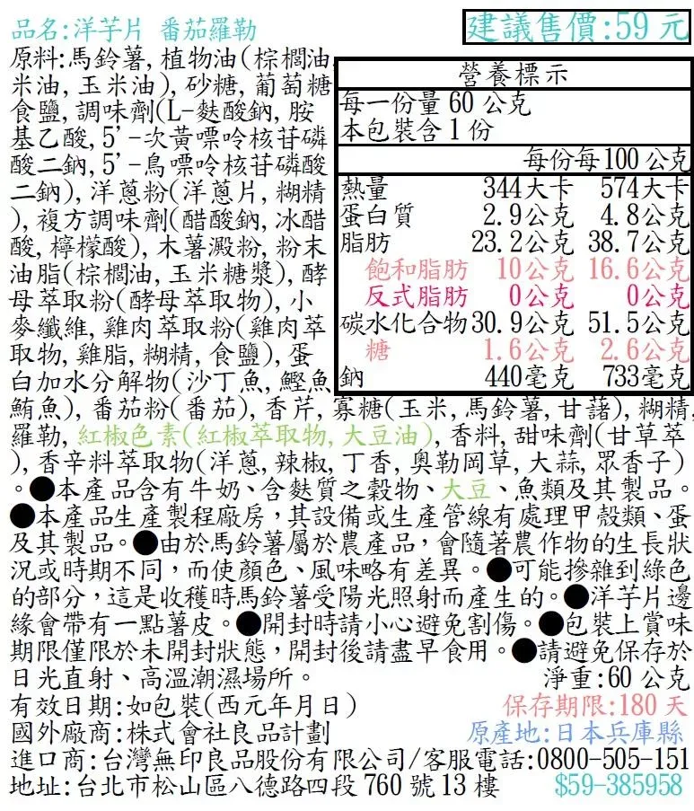 品名:洋芋片 番茄羅勒建議售價:59元原料:馬鈴 植物油棕櫚油米油 玉米油砂糖葡萄糖營養標示食鹽, 調味劑(酸鈉,胺 每一份量 60 公克基乙酸, 次黃嘌呤核苷磷 包裝含1份酸二鈉, 5-鳥嘌呤核苷磷酸每份每100公克344大卡 574大卡二鈉),洋蔥粉(洋蔥片,糊精 熱量),複方調味劑(醋酸鈉,冰醋 蛋白質 2.9公克 4.8公克酸,檸檬酸),木薯澱粉,粉末脂肪 23.2公克 38.7公克油脂(棕櫚油,玉米糖漿),  飽和脂肪 10公克16.6公克母萃取粉(酵母萃取物),小 反式脂肪0公克 0公克麥纖維,雞肉萃取粉(雞肉萃 碳水化合物30.9公克 51.5公克取物, 雞脂,糊精,食鹽),蛋糖白加水分解物(沙丁魚,鰹魚鈉1.6公克2.6公克440毫克 733毫克鮪魚), 番茄粉(番茄),香芹,寡糖(玉米, 馬鈴薯, 甘藷), 糊精.羅勒,紅椒色素(紅椒萃取物,大豆油),香料,甜味劑(甘草萃),香辛料萃取物(洋蔥,辣椒,丁香, 草, 大蒜, 眾香子)本產品含有牛奶、含麩質之穀物、大豆、魚類及其製品。本產品生產製程廠房,其設備或生產管線有處理甲殼類、蛋及其製品。由於馬鈴薯屬於農產品,會隨著農作物的生長狀況或時期不同,而使顏色、風味略有差異。可能摻雜到綠色的部分,這是收穫時馬鈴薯受陽光照射而產生的。 洋芋片邊緣會帶有一點薯皮。開封時請小心避免割傷。包裝上賞味期限僅限於未開封狀態,開封後請盡早食用。請避免保存於日光直射、高溫潮濕場所。有效日期:如包裝(西元年月日)國外廠商:株式會社良品計劃淨重:60公克保存期限:180天原產地:日本兵庫縣進口商:台灣無印良品股份有限公司/客服電話:0800-505-151地址:台北市松山區八德路四段760號13樓 $59-385958